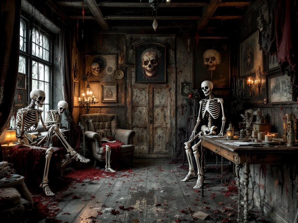 A dimly lit room decorated with skeletons, vintage furniture, and eerie artwork, creating a spooky Halloween atmosphere.