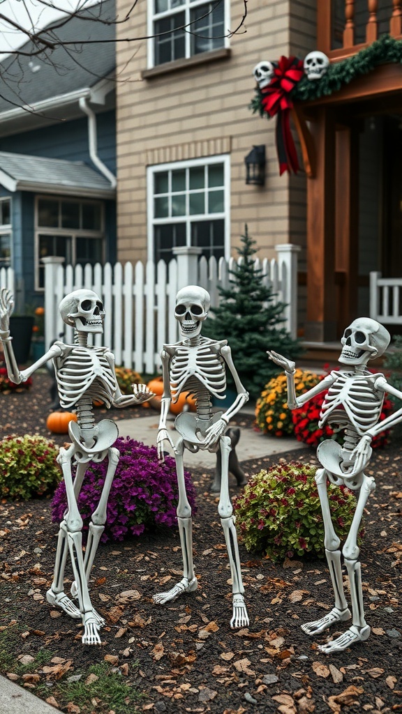 Three skeleton decorations in a yard with colorful flowers and pumpkins.