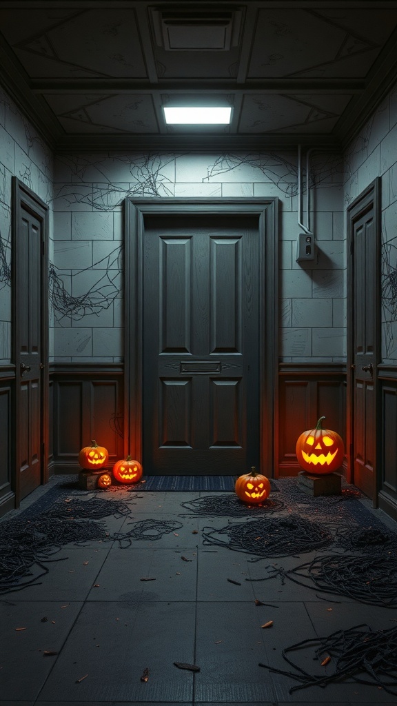 A dimly lit hallway with carved pumpkins, cobwebs, and a mysterious door.
