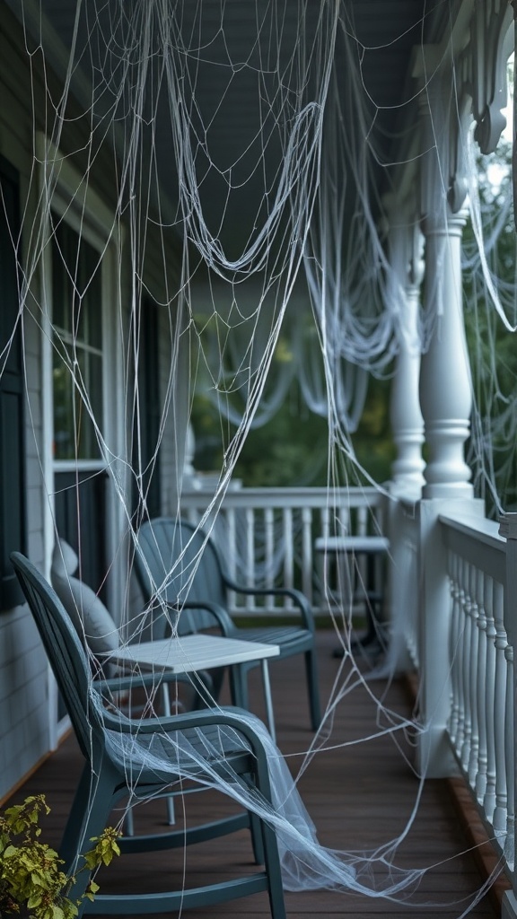 A front porch decorated with spider webs, creating a spooky Halloween atmosphere.