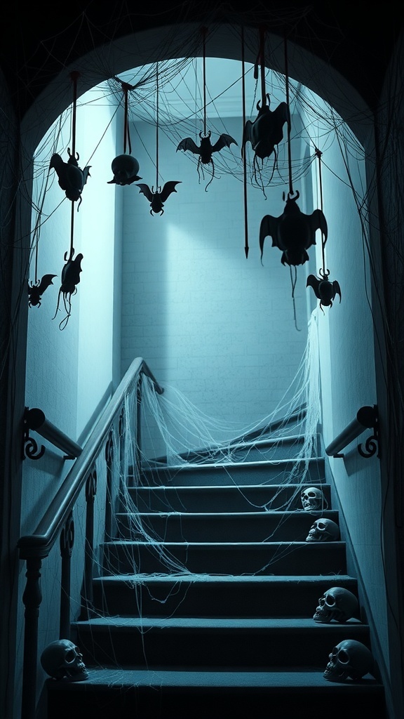 A staircase decorated for Halloween with cobwebs, skulls, and hanging bats.