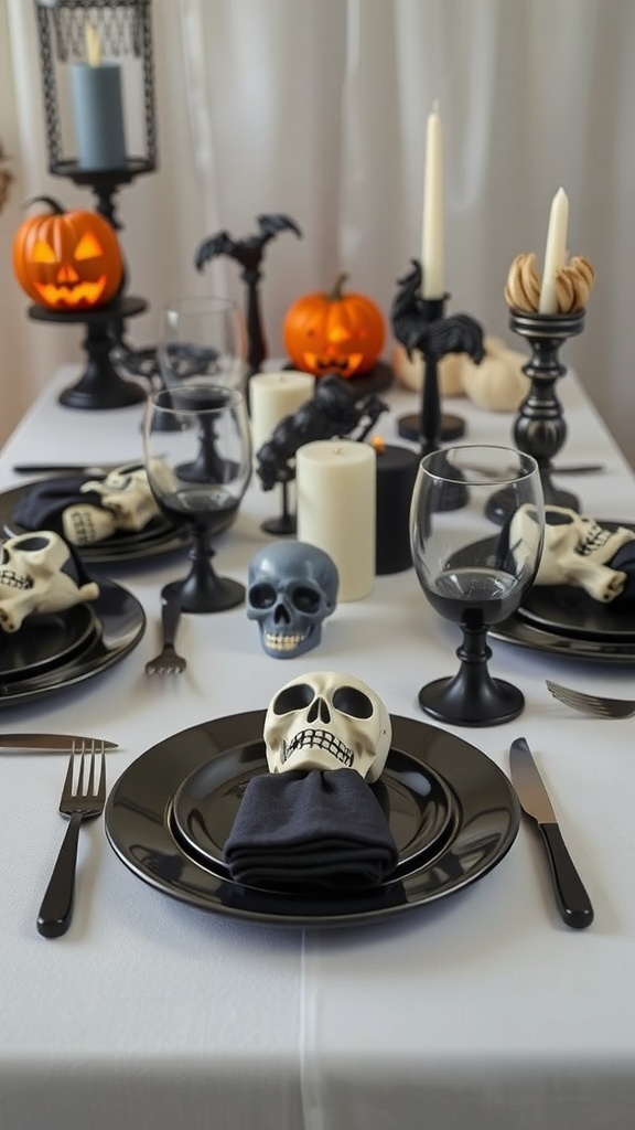 A Halloween themed table setting with skulls, pumpkins, and candles.