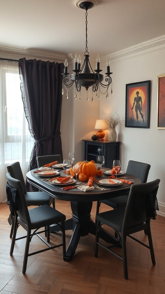 A Halloween-themed dining table with a pumpkin centerpiece, black and orange decorations, and elegant glassware.