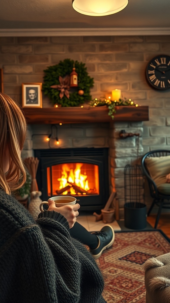 A person sipping tea by a cozy fireplace, wrapped in a sweater, surrounded by fall decorations.