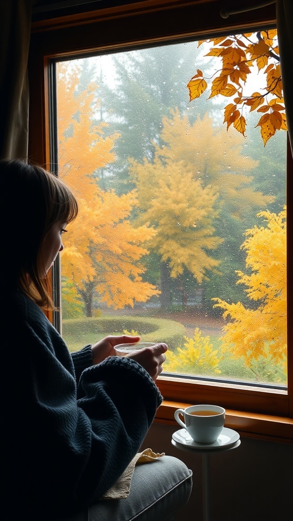 A person sitting by a window with a cup of tea, looking out at autumn trees in the rain.