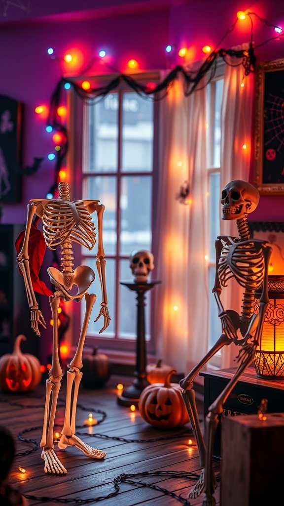 Two skeleton decorations in a Halloween-themed room with pumpkins and colorful lights.