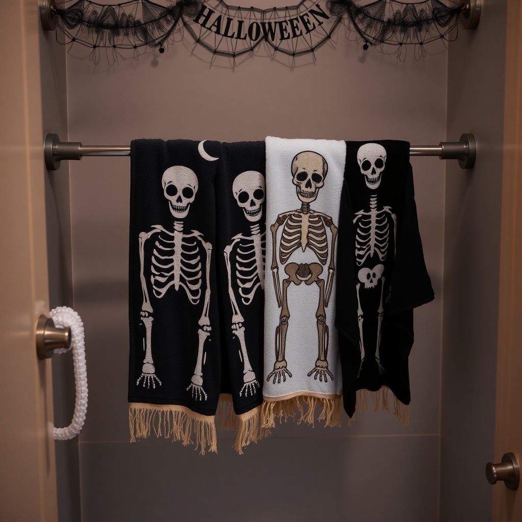 Skeleton-themed towels hanging in a bathroom