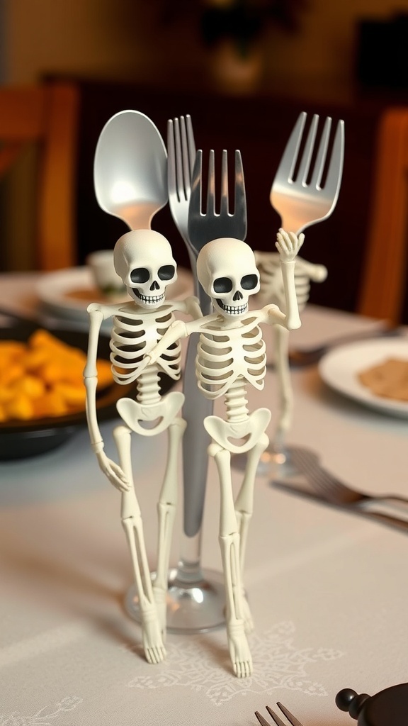 Two skeleton-themed utensils, one with a knife and the other with a fork, on a plate, adding a playful touch to Halloween dining decor.