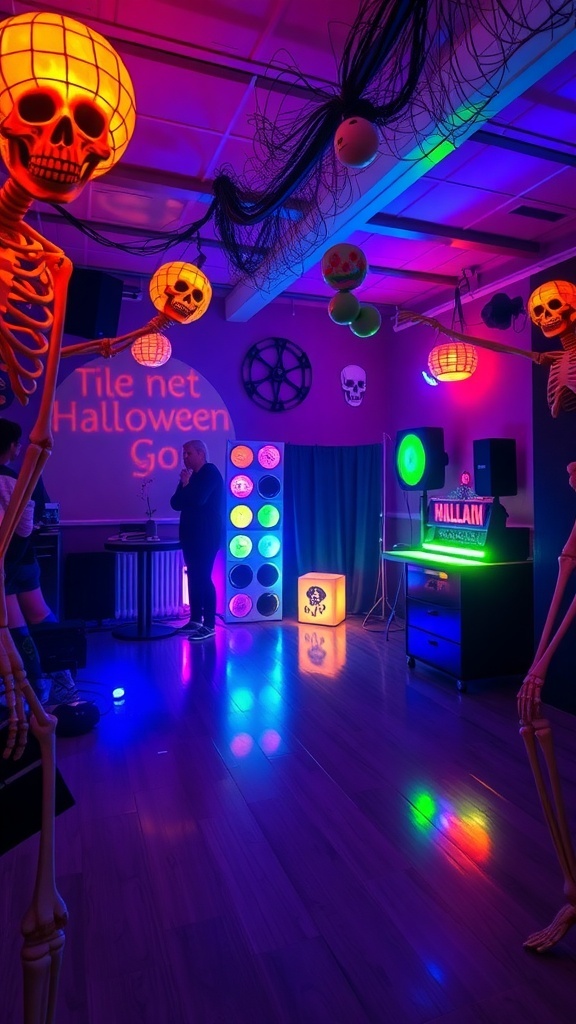 A Halloween party setup featuring skeleton decorations, colorful lights, and a lively atmosphere.