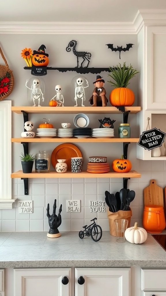 A kitchen shelf decorated for Halloween with skeletons, pumpkins, and playful decor.