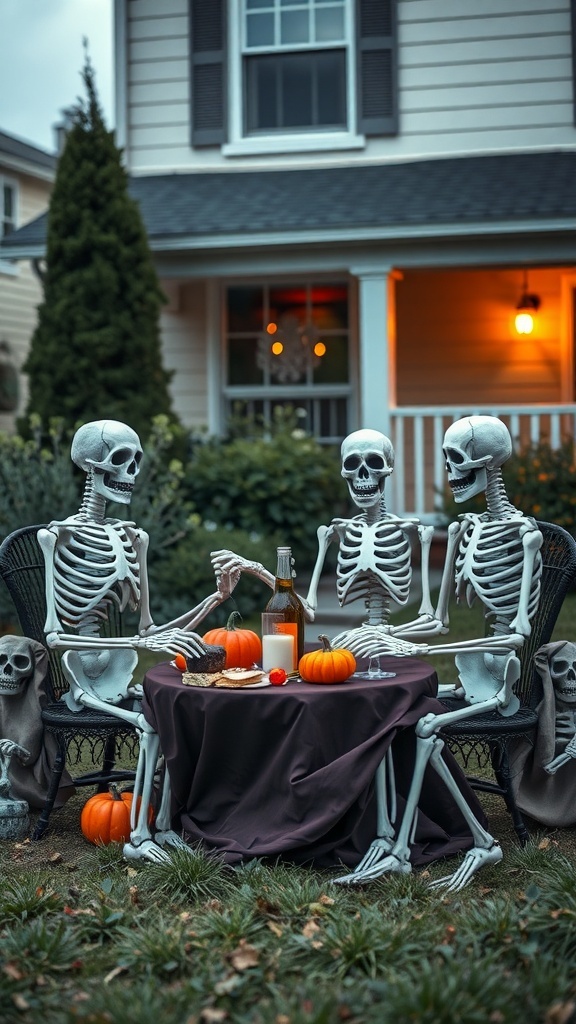 A playful scene of skeletons gathered around a table in a front yard decorated for Halloween.