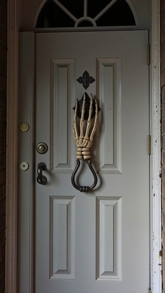 A skeleton hand door knocker on a white door