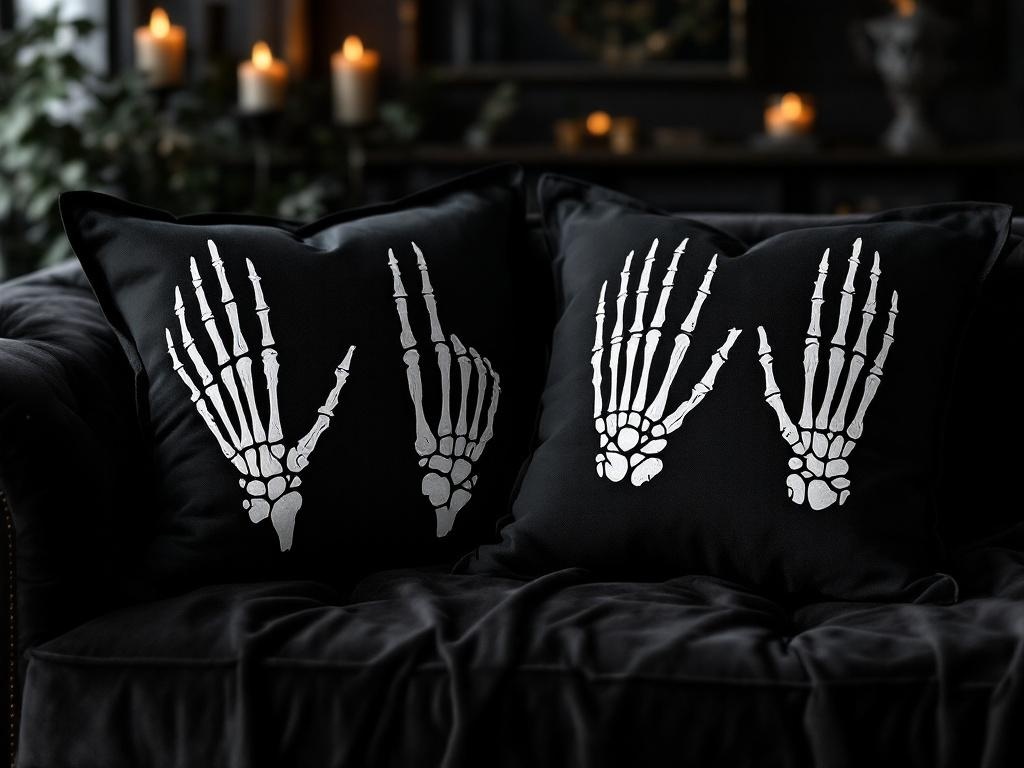 Two black throw pillows with white skeleton hand designs on a couch