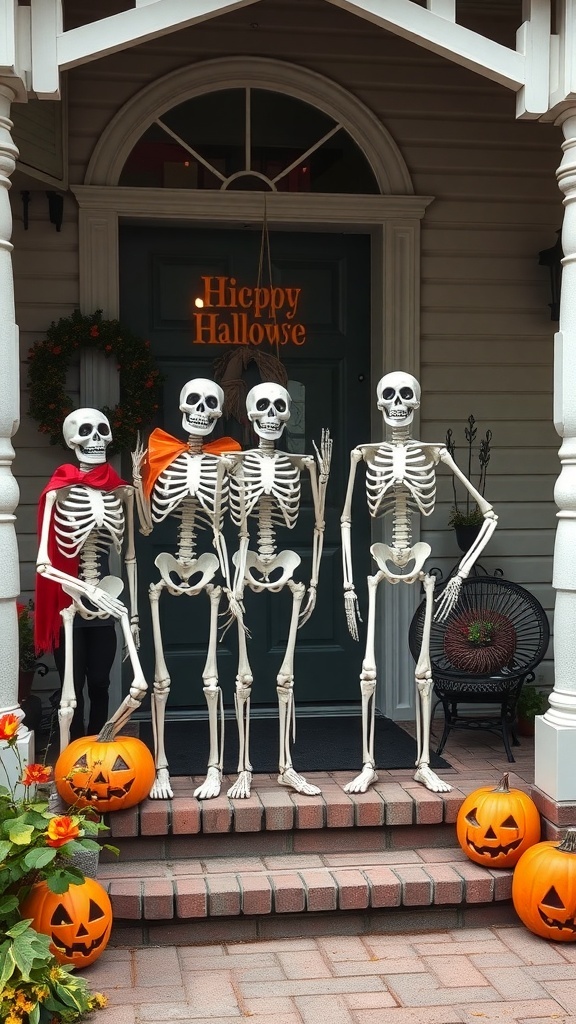 Four skeletons in costumes standing on a porch with pumpkins and a sign that says 'Hicppy Hallowse'.