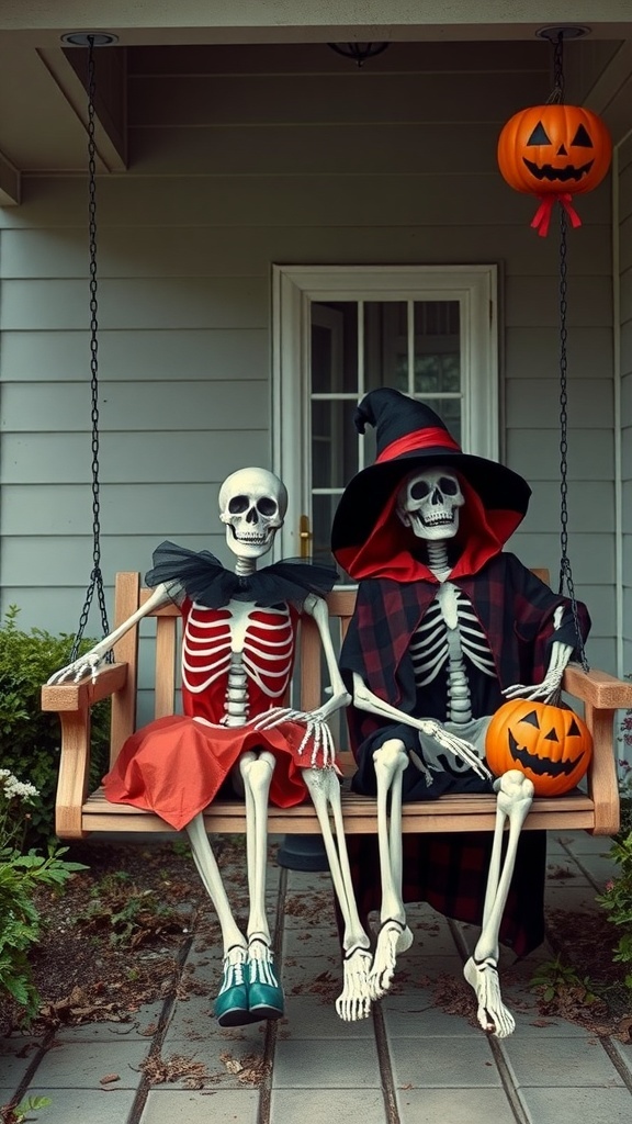 Two skeletons sitting on a swing, one in a red skirt and black cape, the other in a witch's hat and cloak, with a jack-o'-lantern nearby.