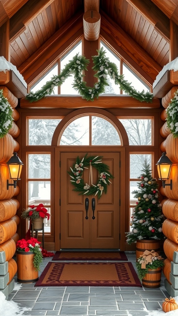 A cozy ski lodge inspired entrance decorated for winter with wooden logs, wreaths, and festive lights.