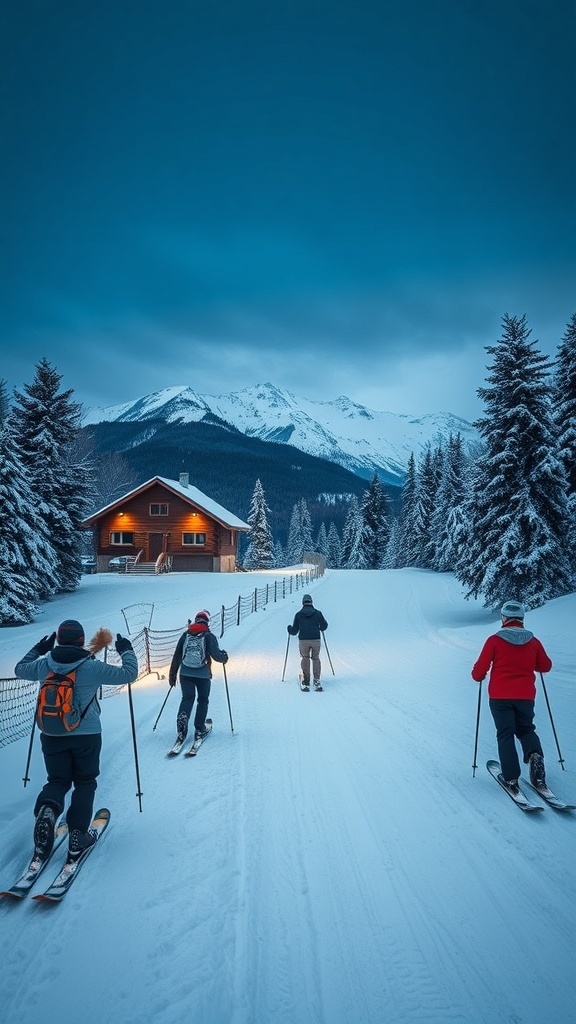 Group of skiers heading towards a winter cabin in a snowy landscape