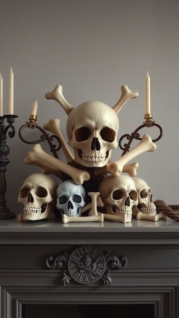 A decorative Halloween centerpiece featuring skulls and bones on a mantle.