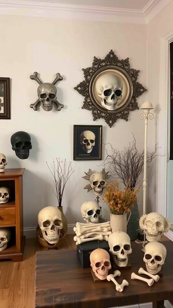 A cozy room decorated with various skulls and bone motifs for Halloween.
