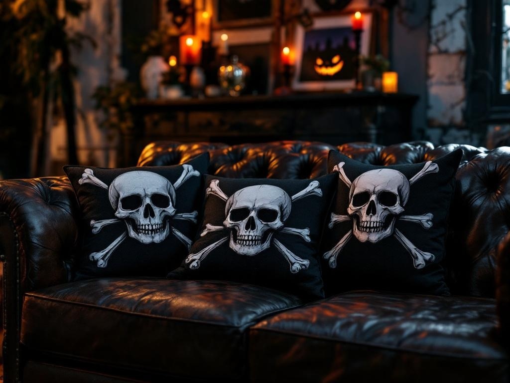 Three skull and crossbones cushions on a leather couch in a dimly lit room with Halloween decorations