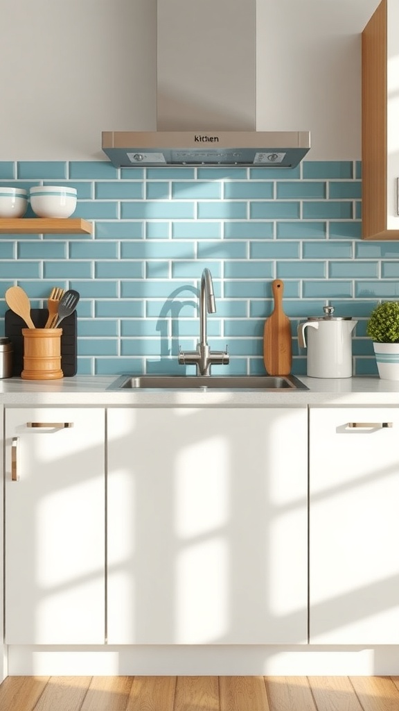 A kitchen featuring sky blue backsplash tiles, white cabinets, and wooden accents.