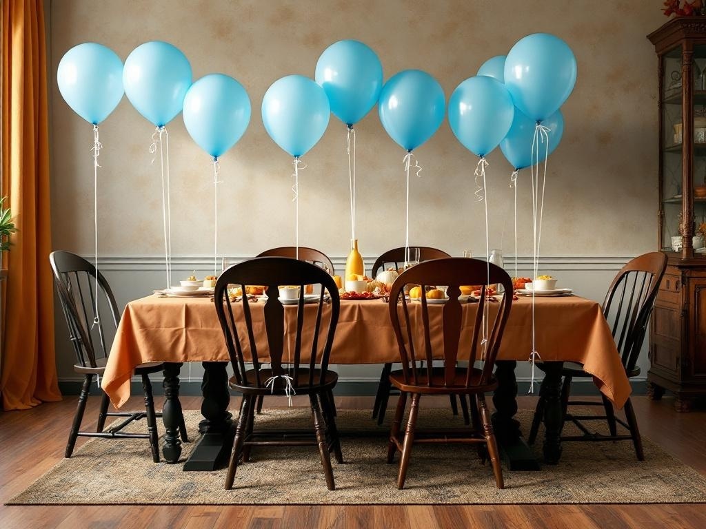 A Thanksgiving table decorated with sky blue balloons and a warm brown tablecloth.