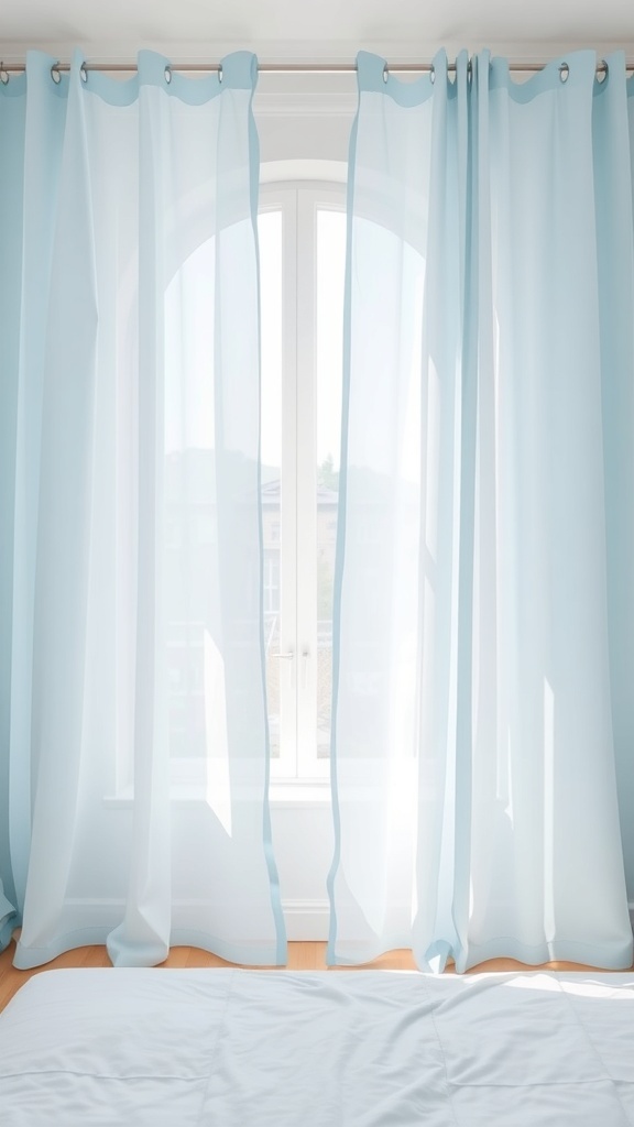 Light and airy sky blue curtains hanging in a bright room.