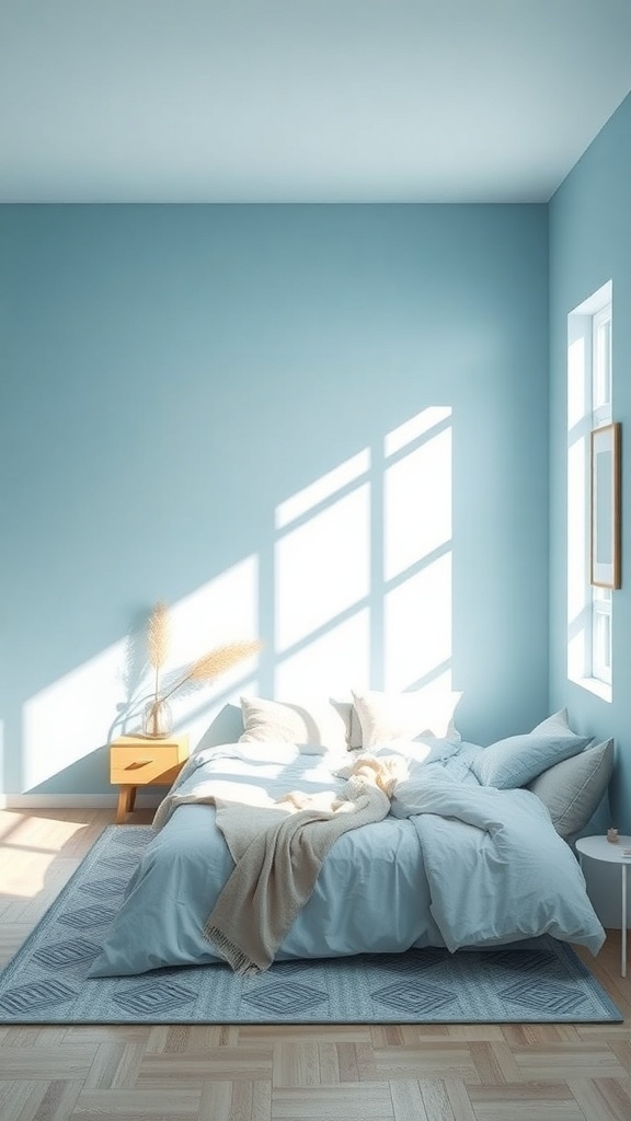 A serene bedroom with sky blue walls and soft bedding, featuring natural light streaming through the windows.