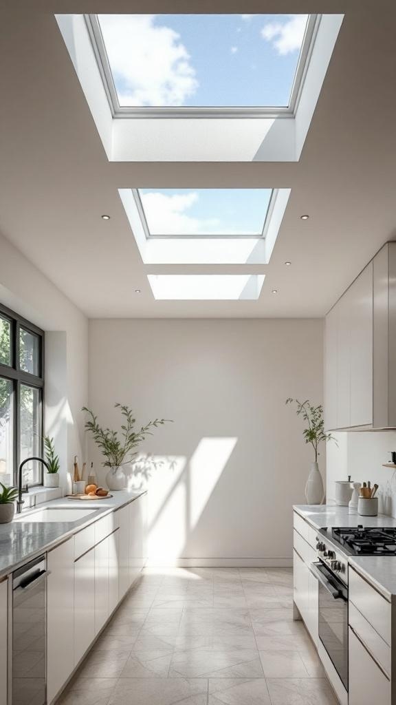 A modern kitchen with three skylights allowing natural light to fill the space.