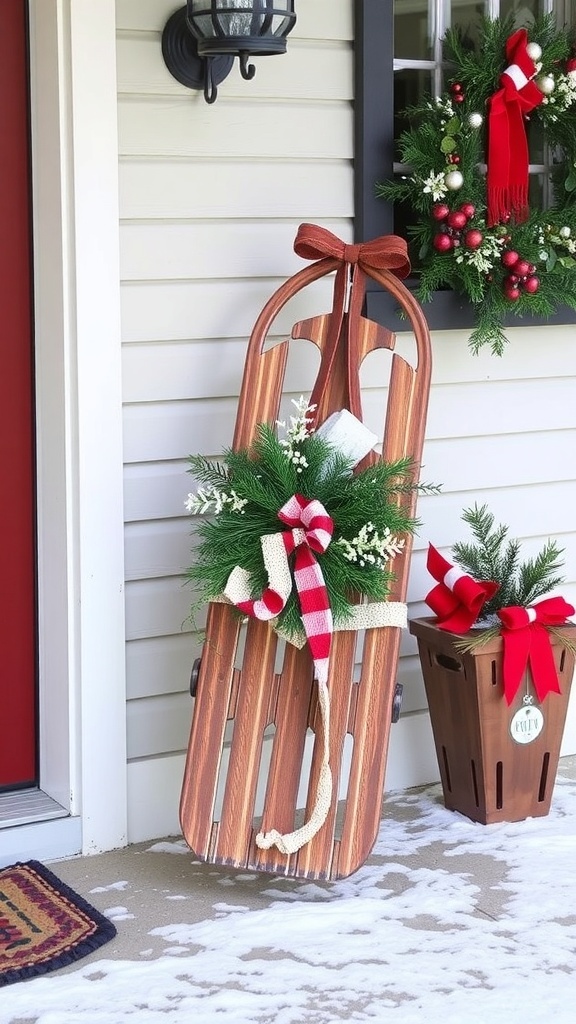 A vintage wooden sled leaning against a porch wall with a potted plant nearby.