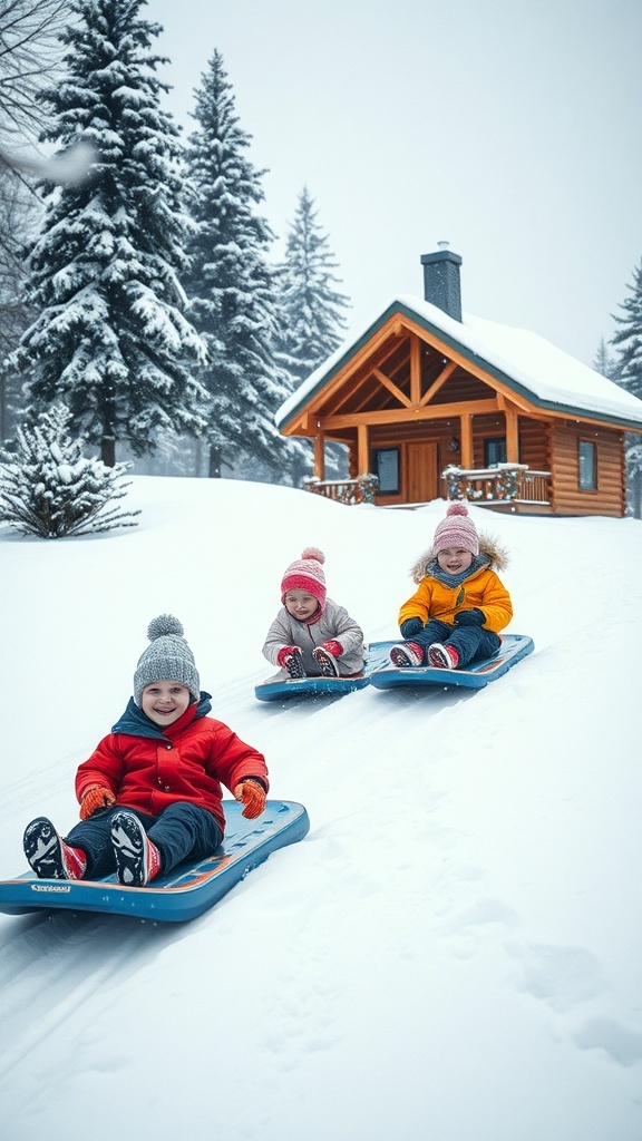 Children sledding down a snowy hill in front of a cozy winter cabin.