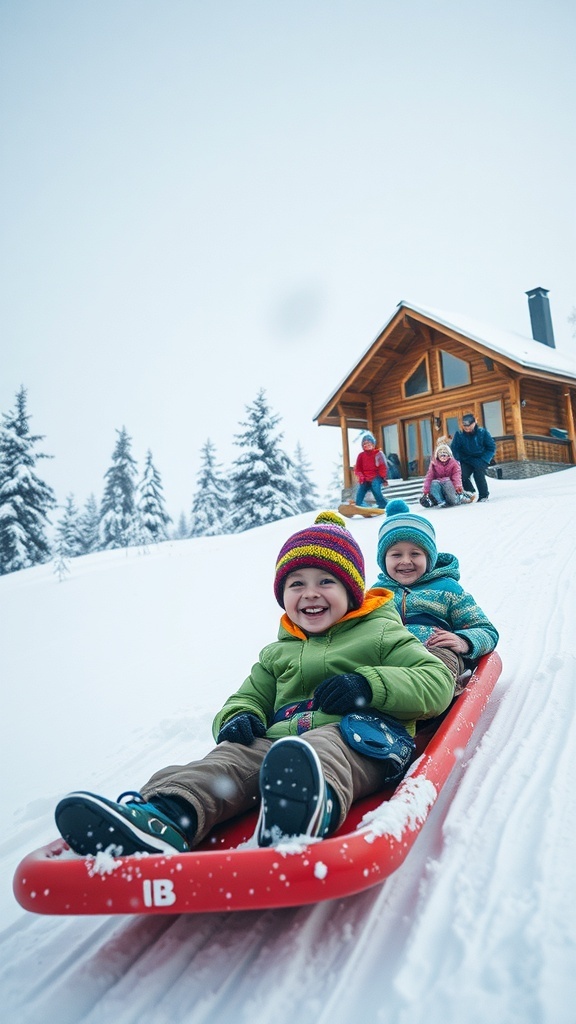 Children sledding down a snowy hill near a winter cabin.