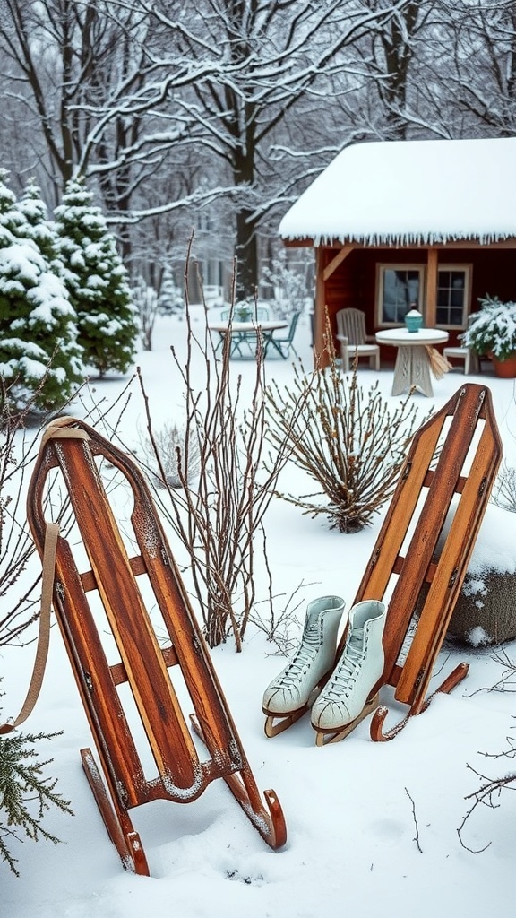 A snowy outdoor scene featuring wooden sleds and ice skates as festive decorations.