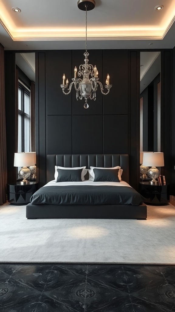 A stylish black and silver bedroom featuring a modern bed, elegant chandelier, and sleek decor.