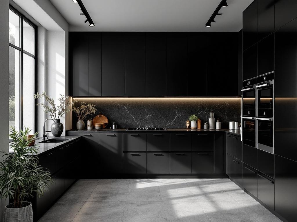Modern kitchen with sleek black cabinets and natural light