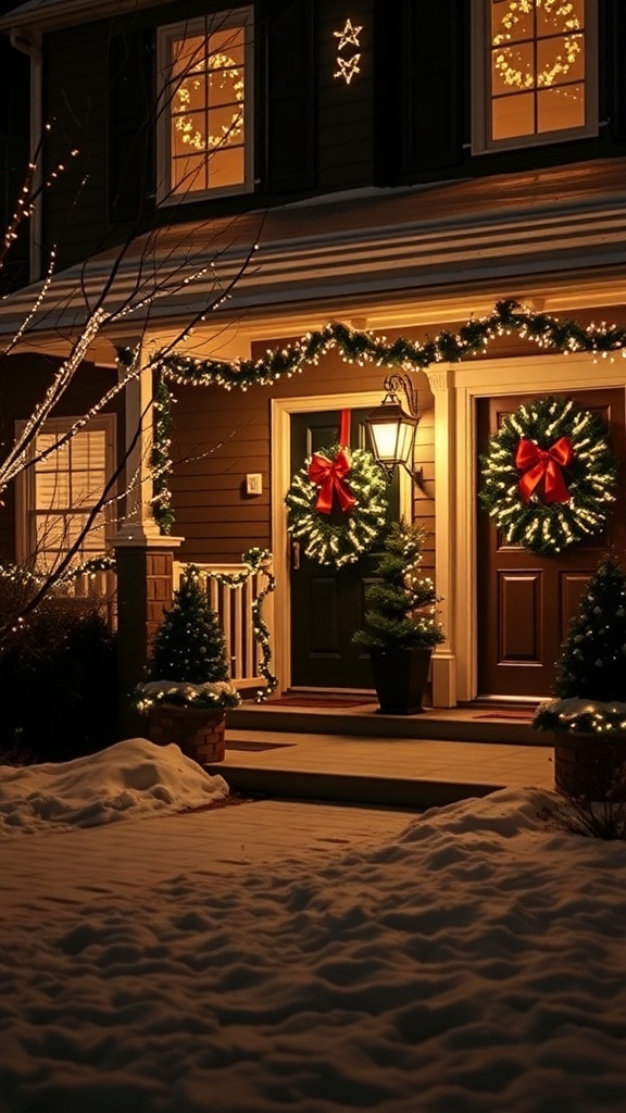 A cozy home decorated with black Christmas lights and wreaths, surrounded by snow.
