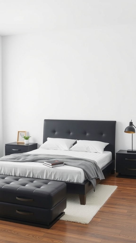A modern black aesthetic bedroom featuring a black bed frame, nightstands, and a cozy atmosphere.