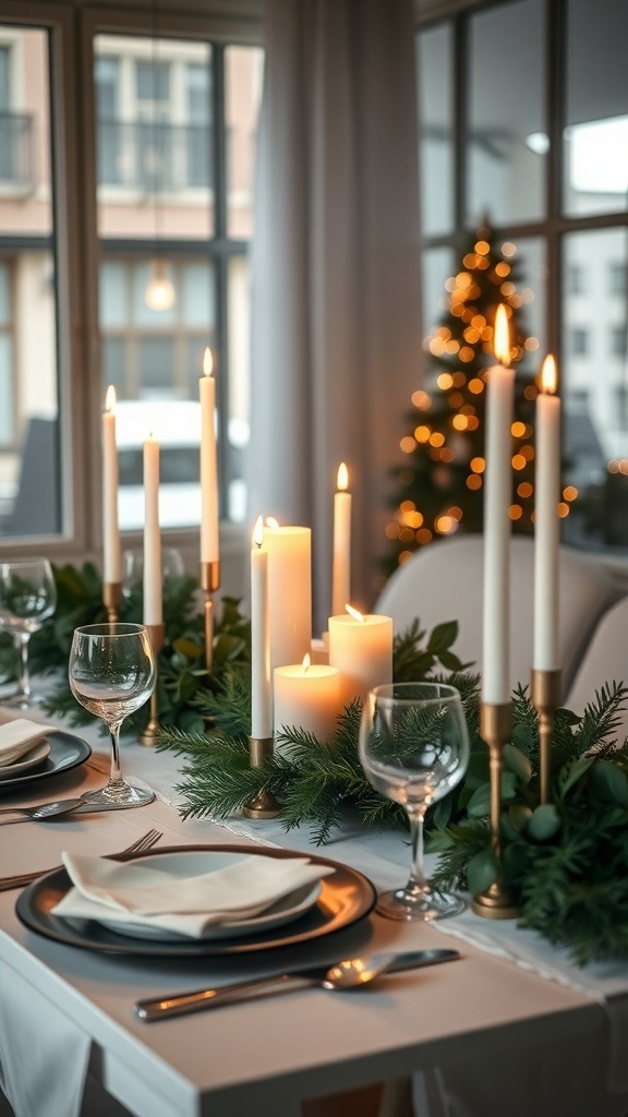A modern Christmas table setting with sleek candle arrangements and greenery.