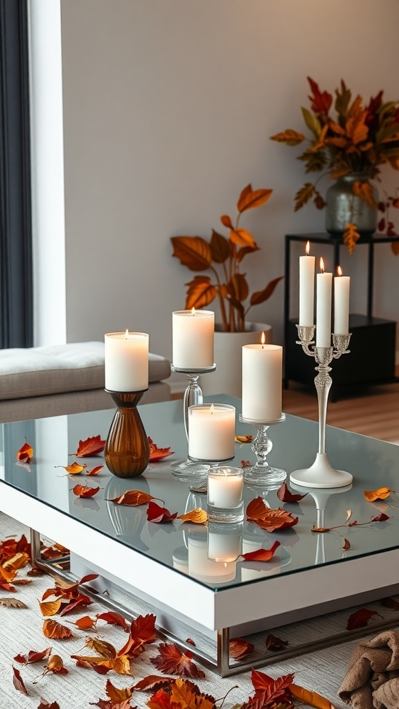 A stylish coffee table with various candles and autumn leaves