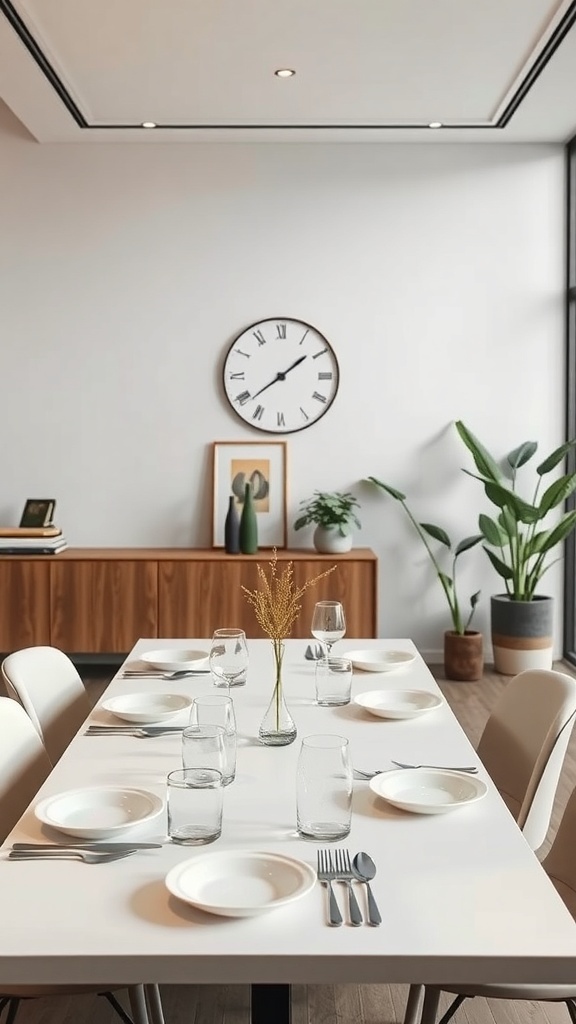 A sleek dining area with a white table set for a meal, featuring a small vase of dried flowers and plants in the background.