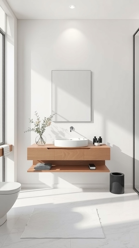 A minimalist bathroom featuring a sleek floating vanity with a round sink and a simple decor.