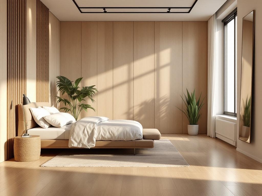 A minimalist bedroom featuring light wooden flooring, a bed with white linens, and a plant by the window.