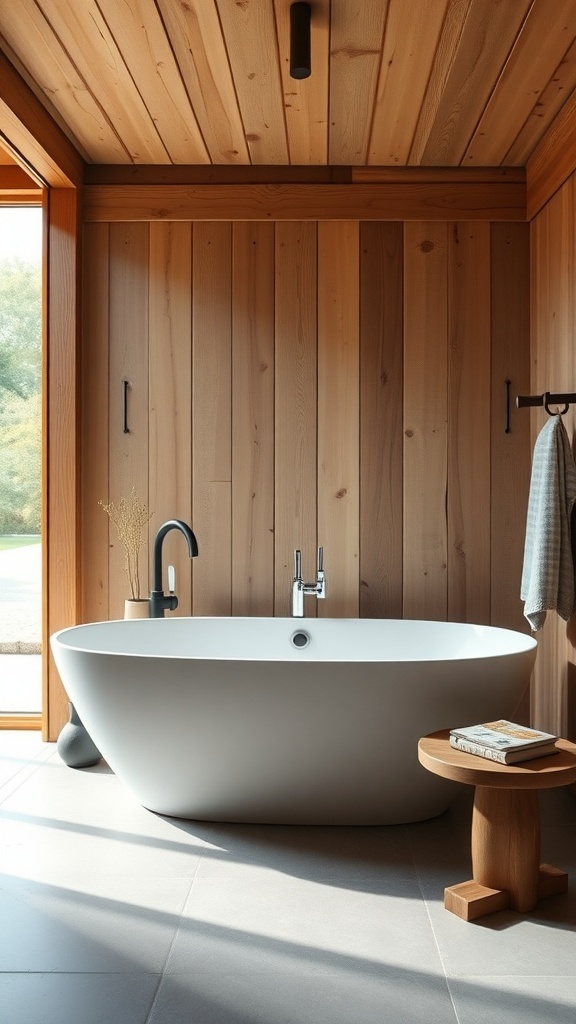 A sleek freestanding bathtub in a modern farmhouse master bath with wooden walls and natural light.