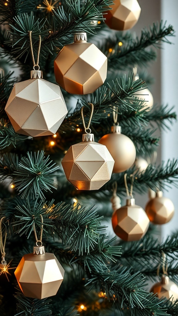 A Christmas tree adorned with sleek geometric ornaments in gold tones.