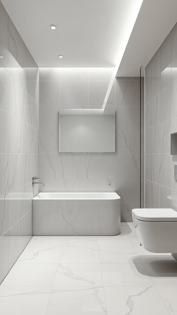 Modern bathroom with sleek glossy tile finishes and minimalist design.