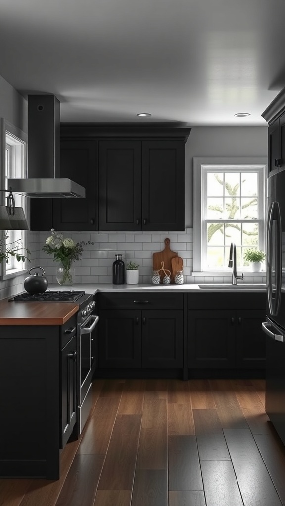 A modern farmhouse kitchen featuring black cabinets, a stainless steel stove, and wooden accents.