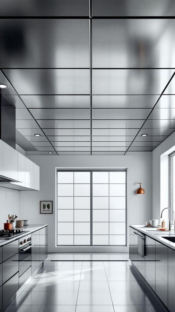 A modern kitchen featuring a sleek metal ceiling, glossy cabinets, and a large window.