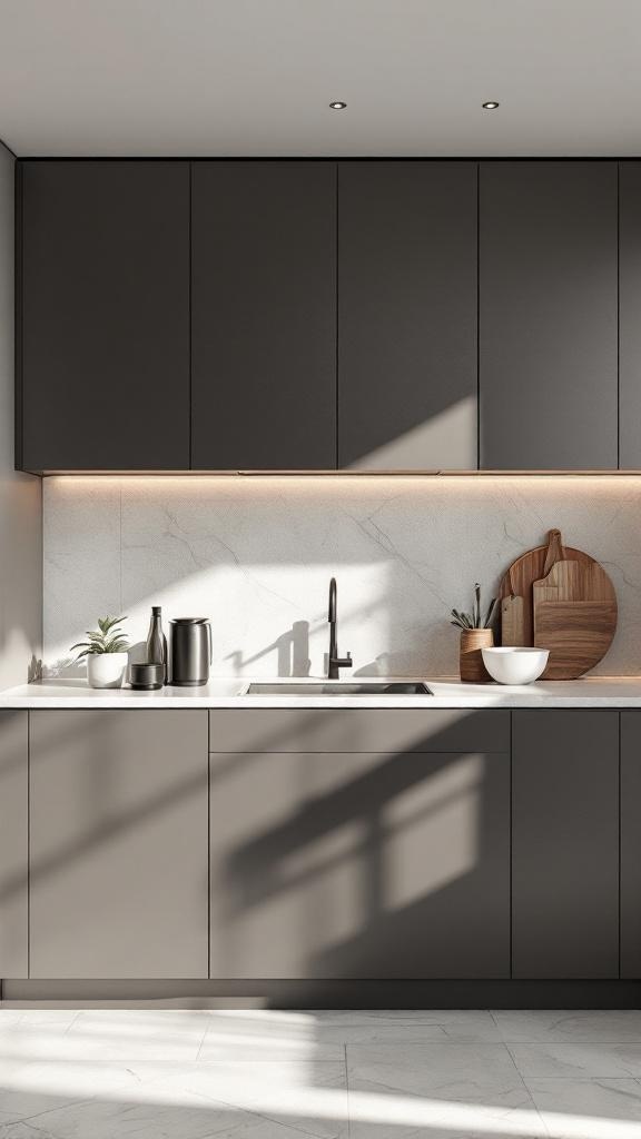 A sleek minimalist kitchen with dark cabinets and a light countertop