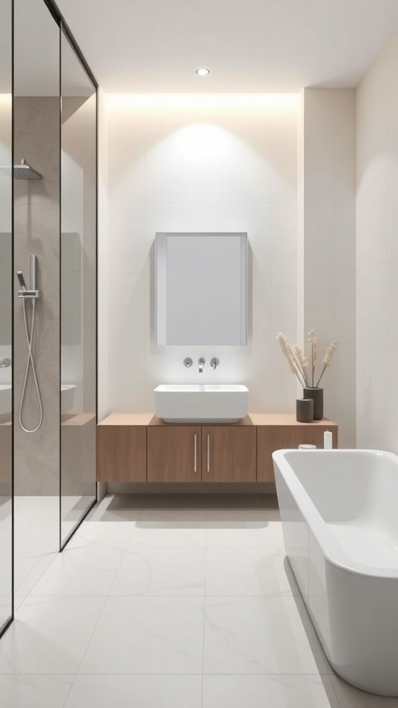 A modern minimalist bathroom featuring a floating vanity, freestanding tub, and neutral color scheme.