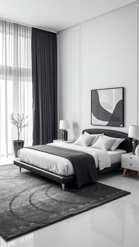A modern black and white bedroom featuring sleek furniture and minimal decor.